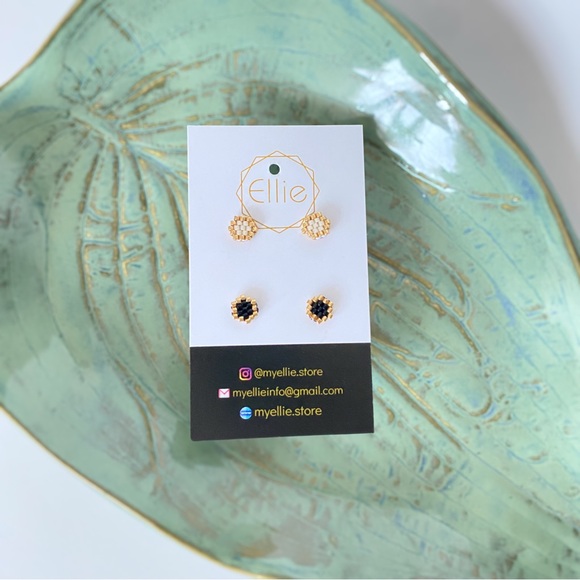 Handcrafted Gold, Black & White Beaded Stud Earrings - Picture 3 of 3